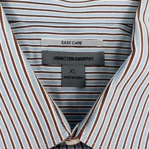 Johnston & Murphy Shirt Mens XL Blue White Brown Striped Button Down Easy Care - Picture 3 of 10
